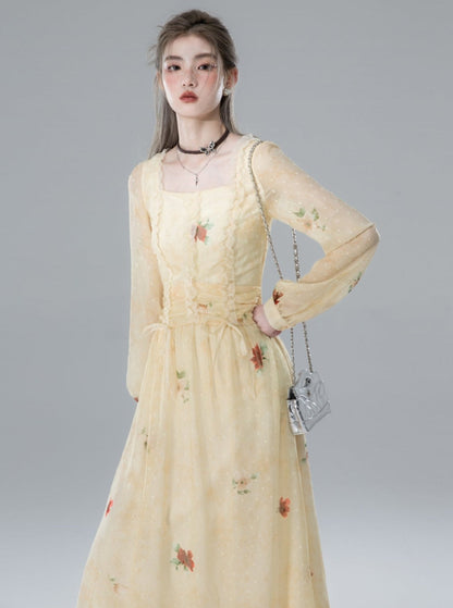 Yellow Printed Chiffon Dress