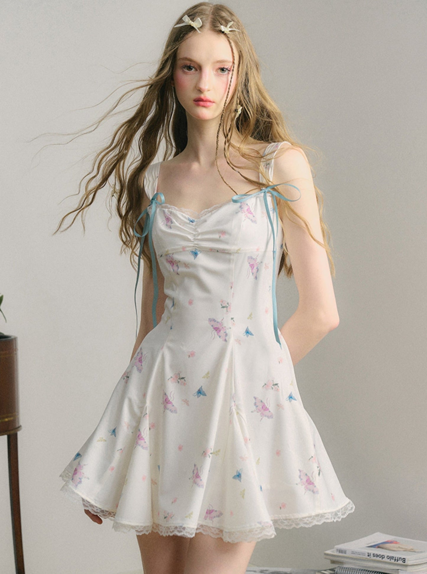 White Jade Lace butterfly Print Dress