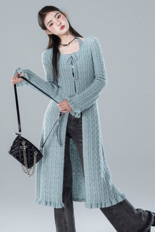 Layered Blue Cardigan With Vest Set