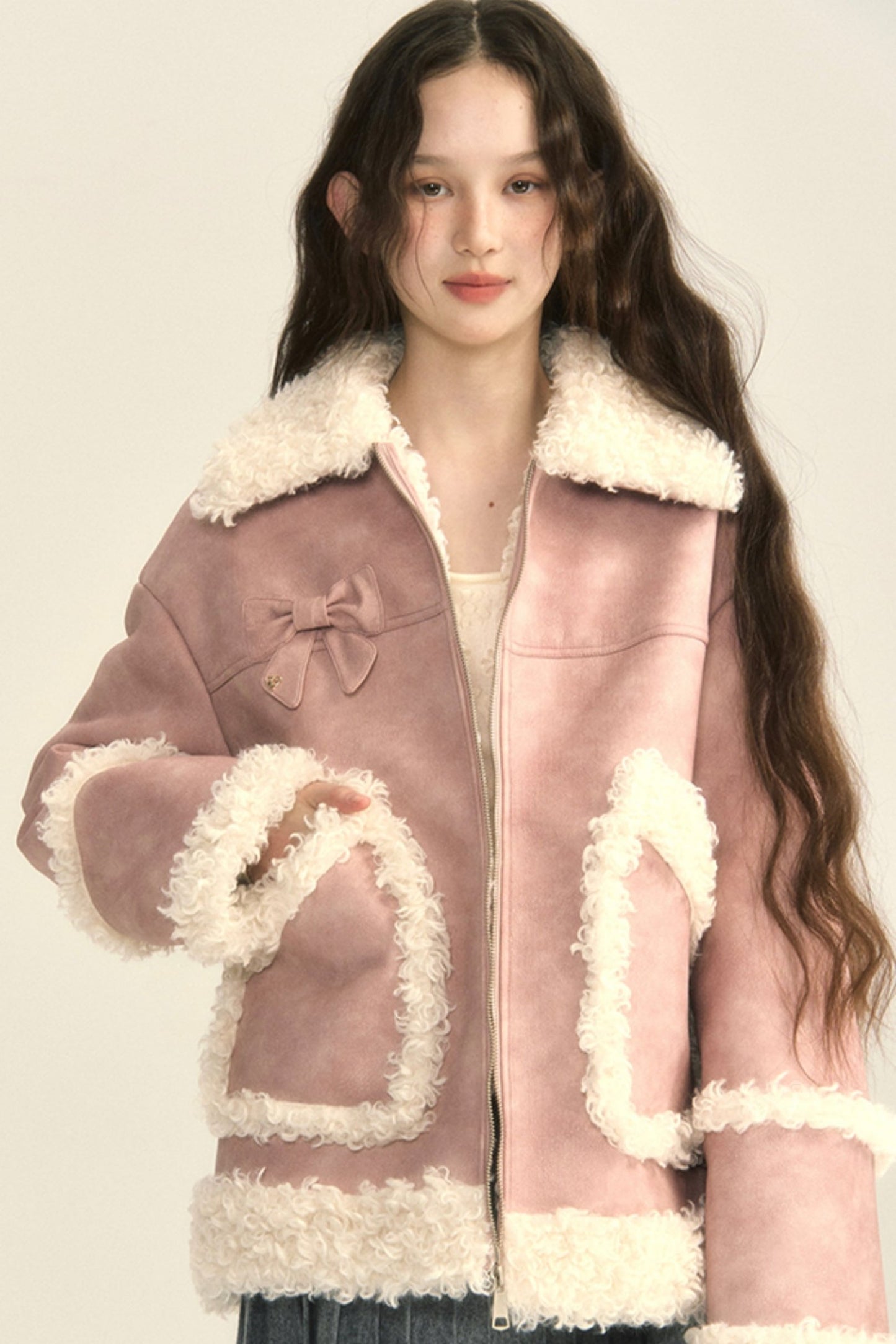 Contrasting Bow Fur Coat