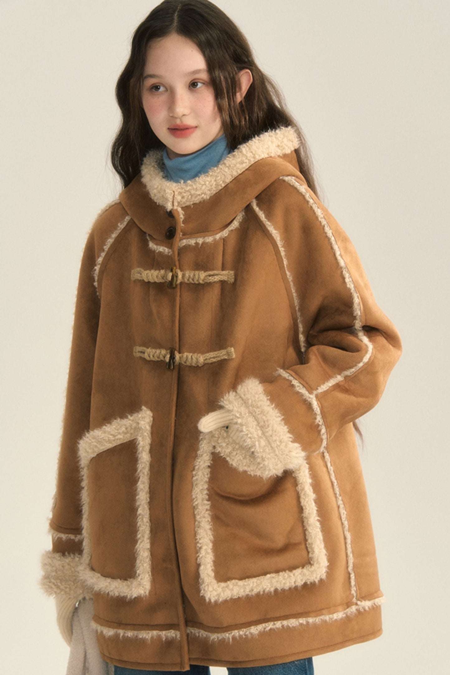 French Suede Panel Hooded Coat