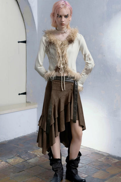 Fur Collar Patchwork Cardigan Set-Up