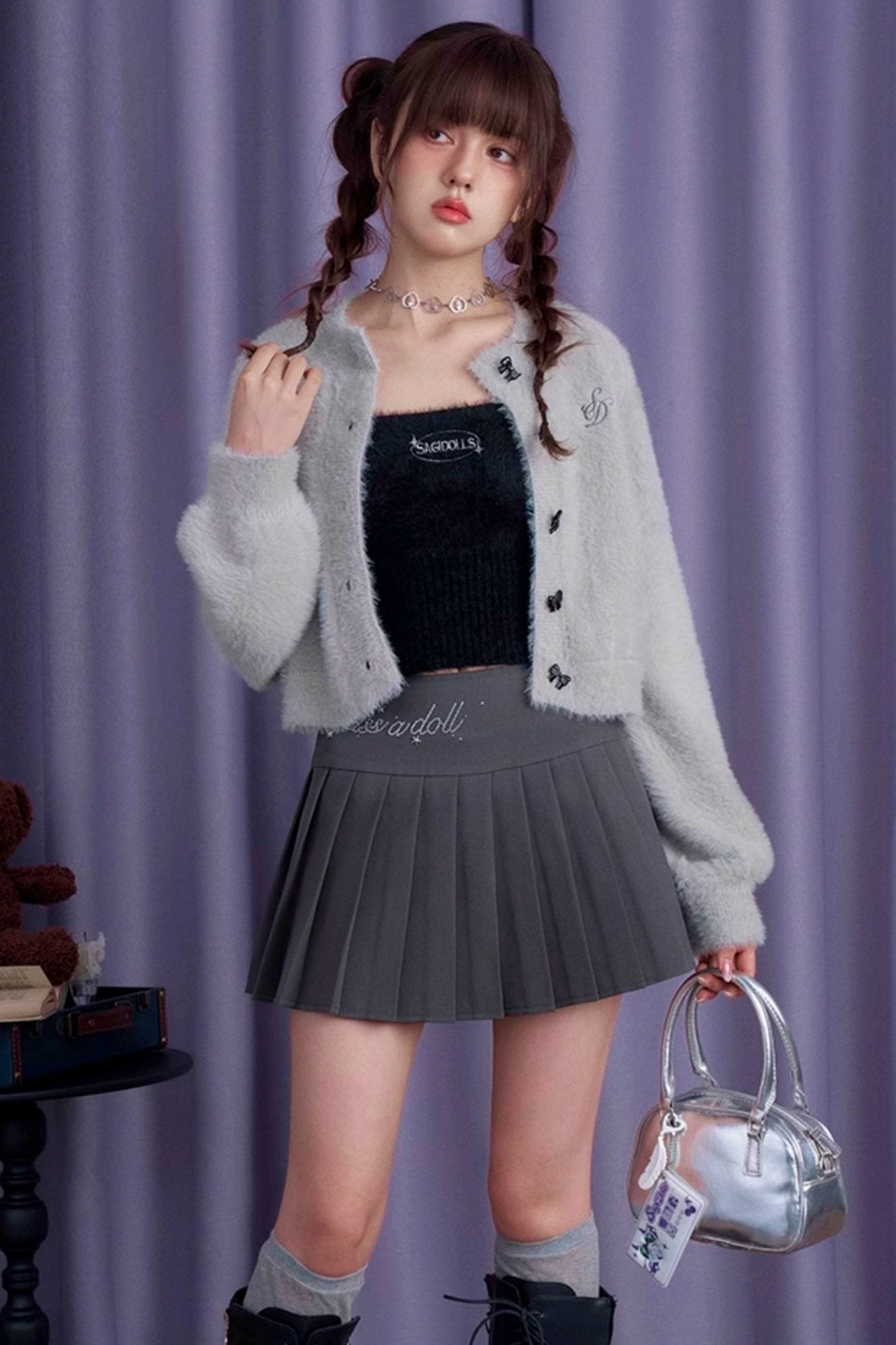 Gray Velvet Sweater Jacket Dress Set-Up