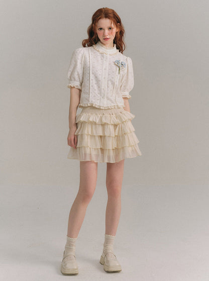 Tencel Ruffle Collar Shirt & Cake Skirt Set-Up