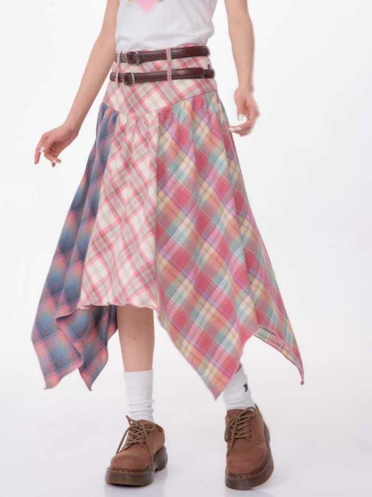 3 Types Of Plaid Patterns Double Waist Random Hem Skirt