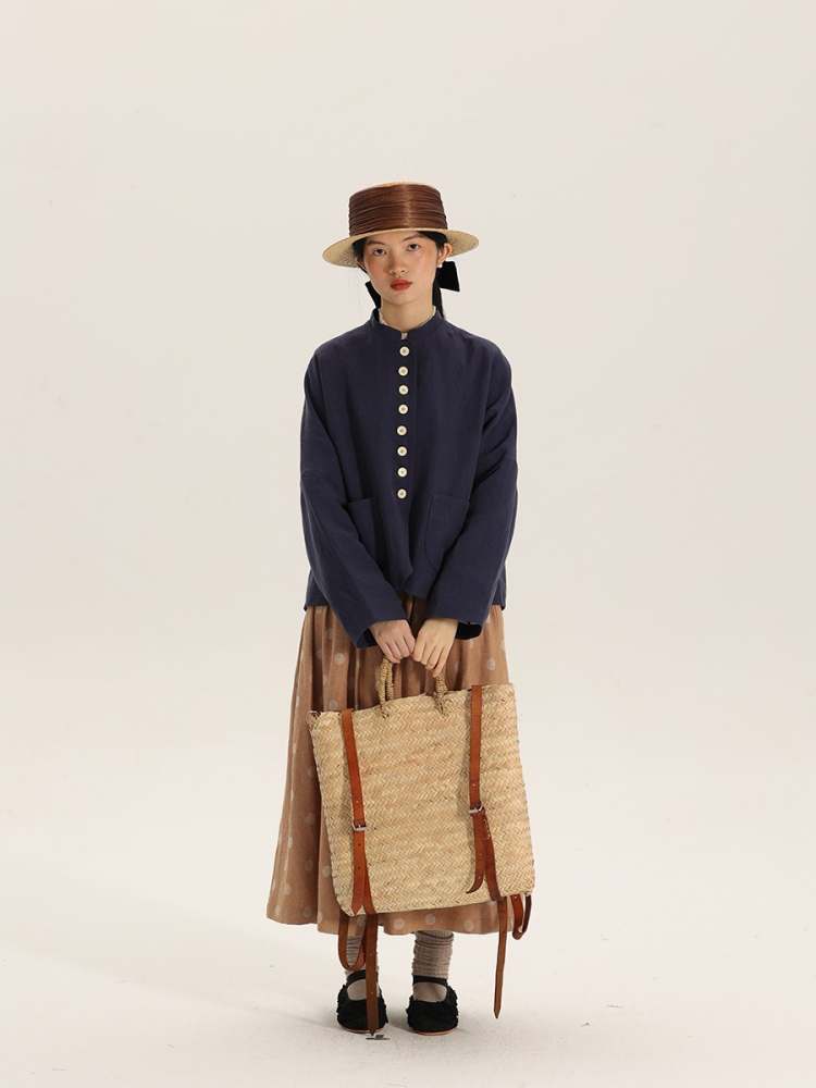 Button Design Stand Collar Linen Loose Jacket