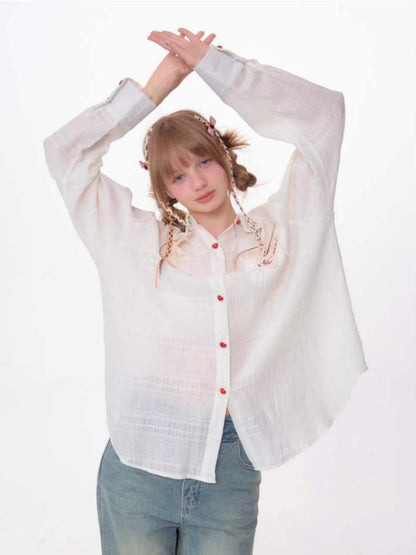 Heart Button Logo Embroidery Semi-Sheer Shirt