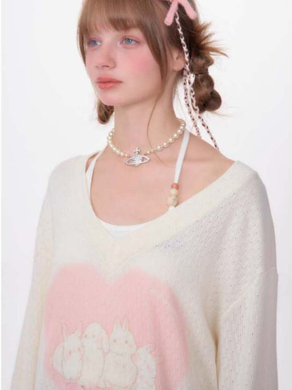 Love Bunny Print V-Neck Knit