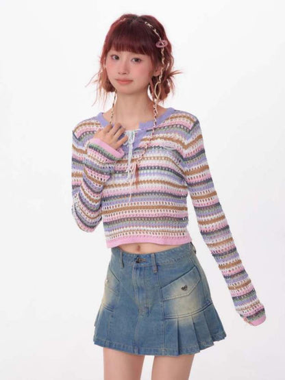 Cropped Contrast Stripes Crochet Knit