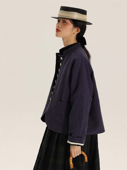 Button Design Stand Collar Linen Loose Jacket