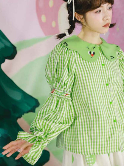 Apple Bug Embroidery Puff Sleeve Shirt