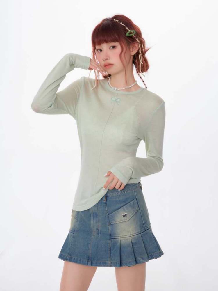 Bow Knot Semi-Sheer Slim Fit Bottoming Shirt