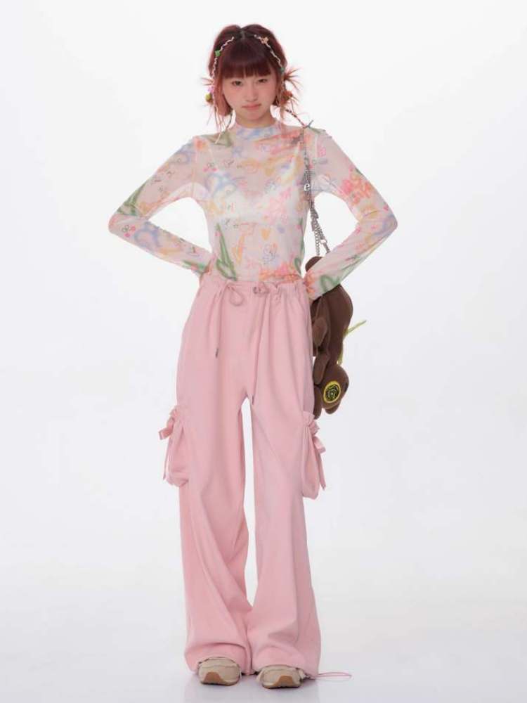 High Waist Ribbon Pocket Wide Leg Pants