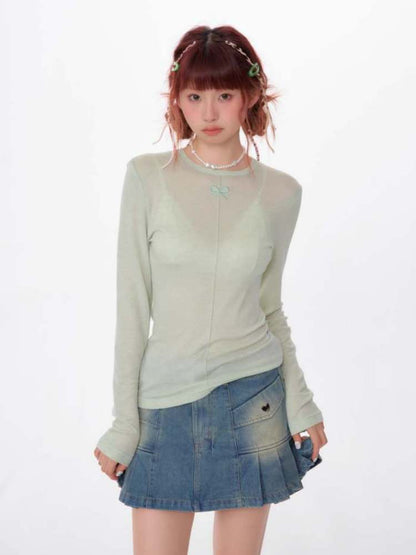 Bow Knot Semi-Sheer Slim Fit Bottoming Shirt