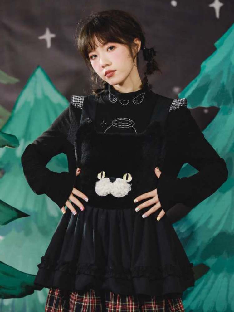 Black Cat Embroidery Race Apron Dress