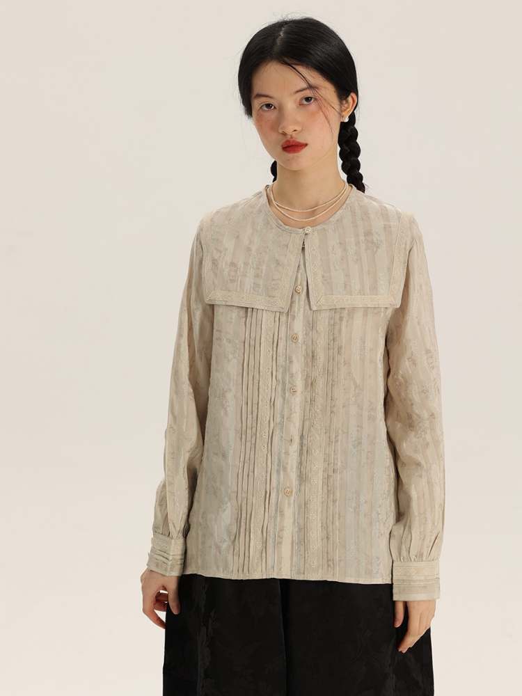 Floral Stripe Jacquard Lace Sailor Color Shirt