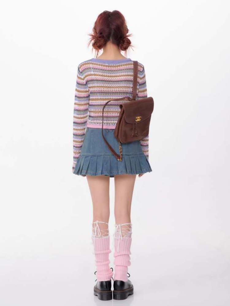 Cropped Contrast Stripes Crochet Knit