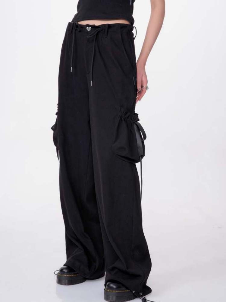 High Waist Ribbon Pocket Wide Leg Pants