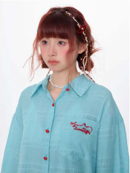 Heart Button Logo Embroidery Semi-Sheer Shirt