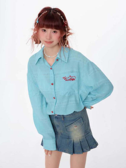 Heart Button Logo Embroidery Semi-Sheer Shirt