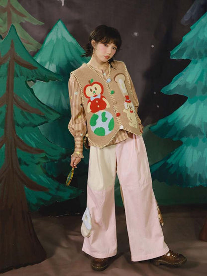 Mushroom Mole 3D Pocket Corduroy Contrast Flare Wide Pants