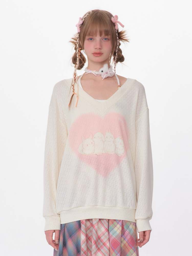 Love Bunny Print V-Neck Knit