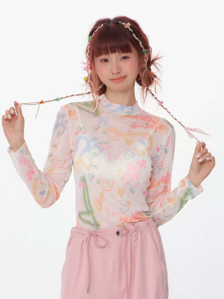 Graffiti Prints Semi-Sheer Bottoming Shirt