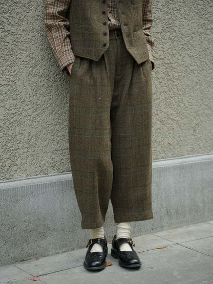 Retro Plaid Mid-Rise Wool Pants