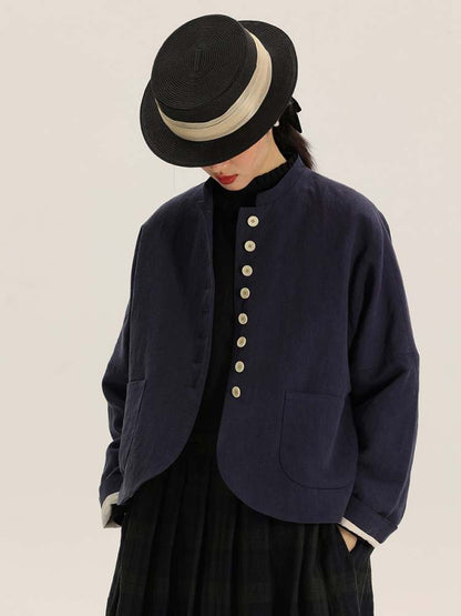 Button Design Stand Collar Linen Loose Jacket