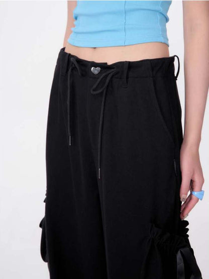 High Waist Ribbon Pocket Wide Leg Pants