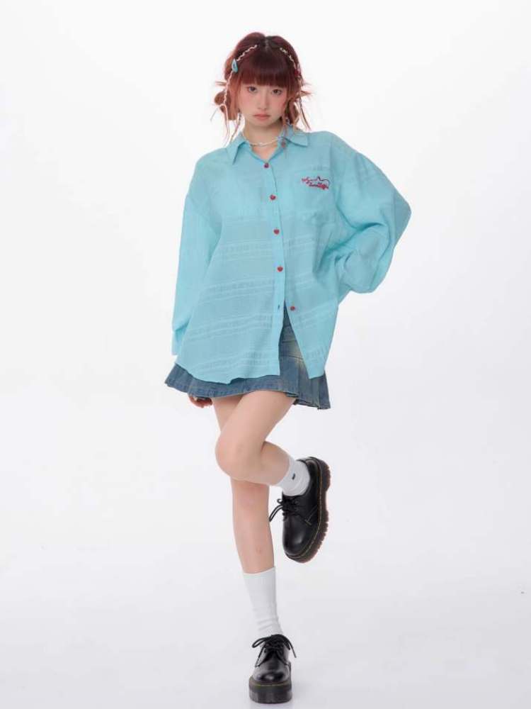 Heart Button Logo Embroidery Semi-Sheer Shirt