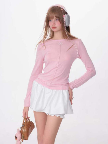 Bow Knot Semi-Sheer Slim Fit Bottoming Shirt