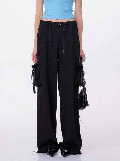 High Waist Ribbon Pocket Wide Leg Pants