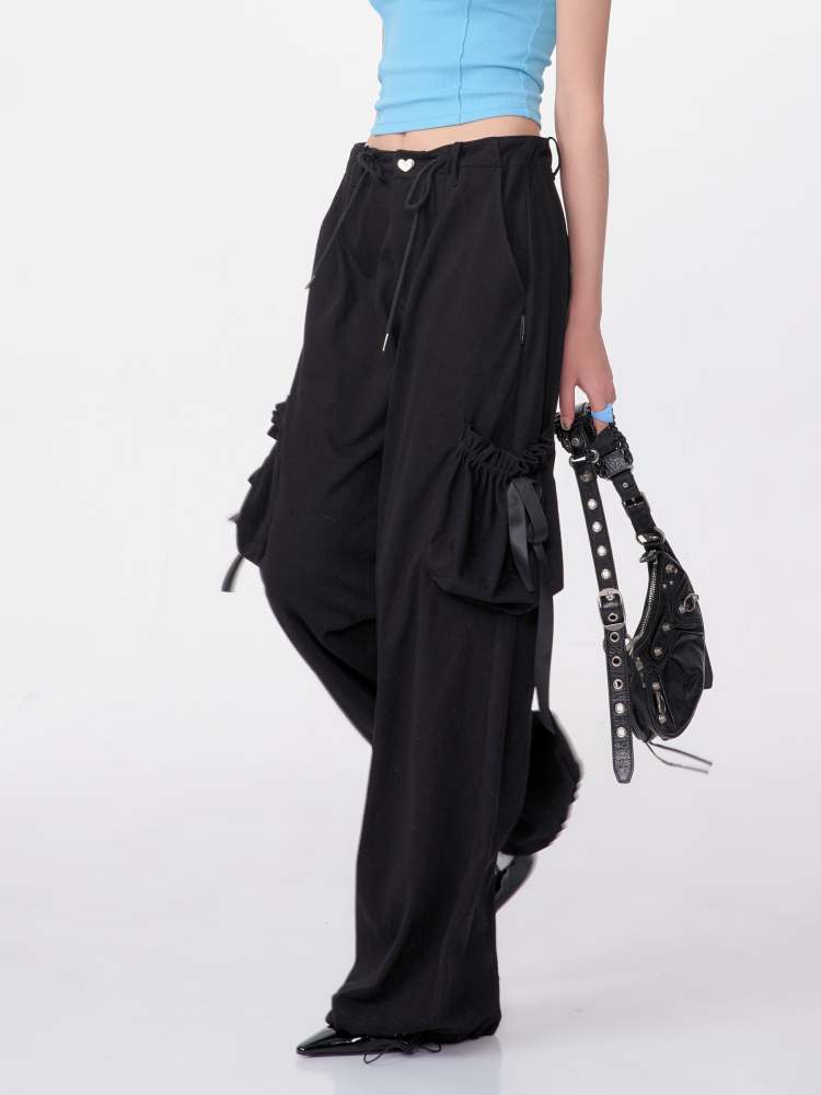 High Waist Ribbon Pocket Wide Leg Pants