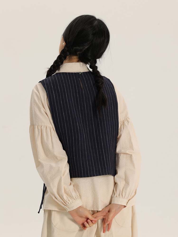 Retro Round Neck Stripe Linen Vest