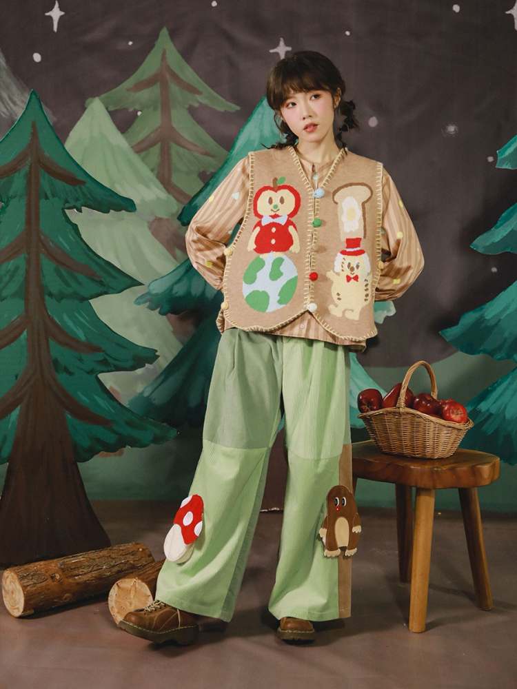 Mushroom Mole 3D Pocket Corduroy Contrast Flare Wide Pants