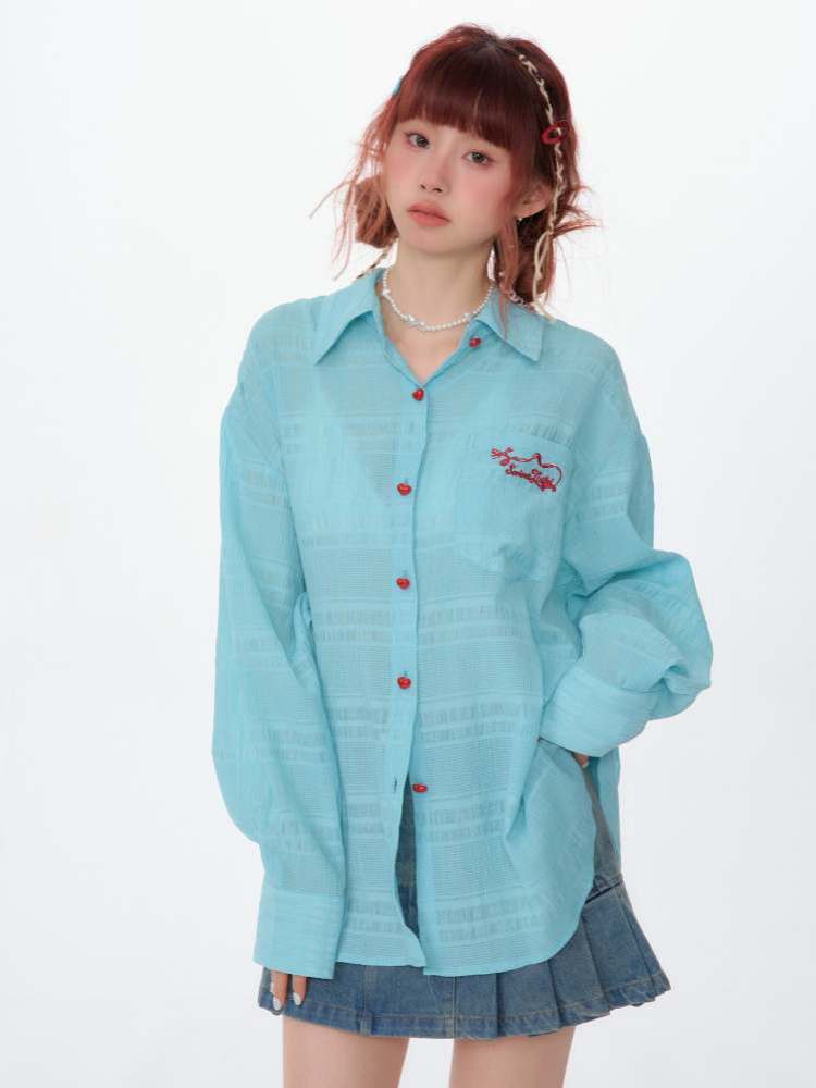 Heart Button Logo Embroidery Semi-Sheer Shirt