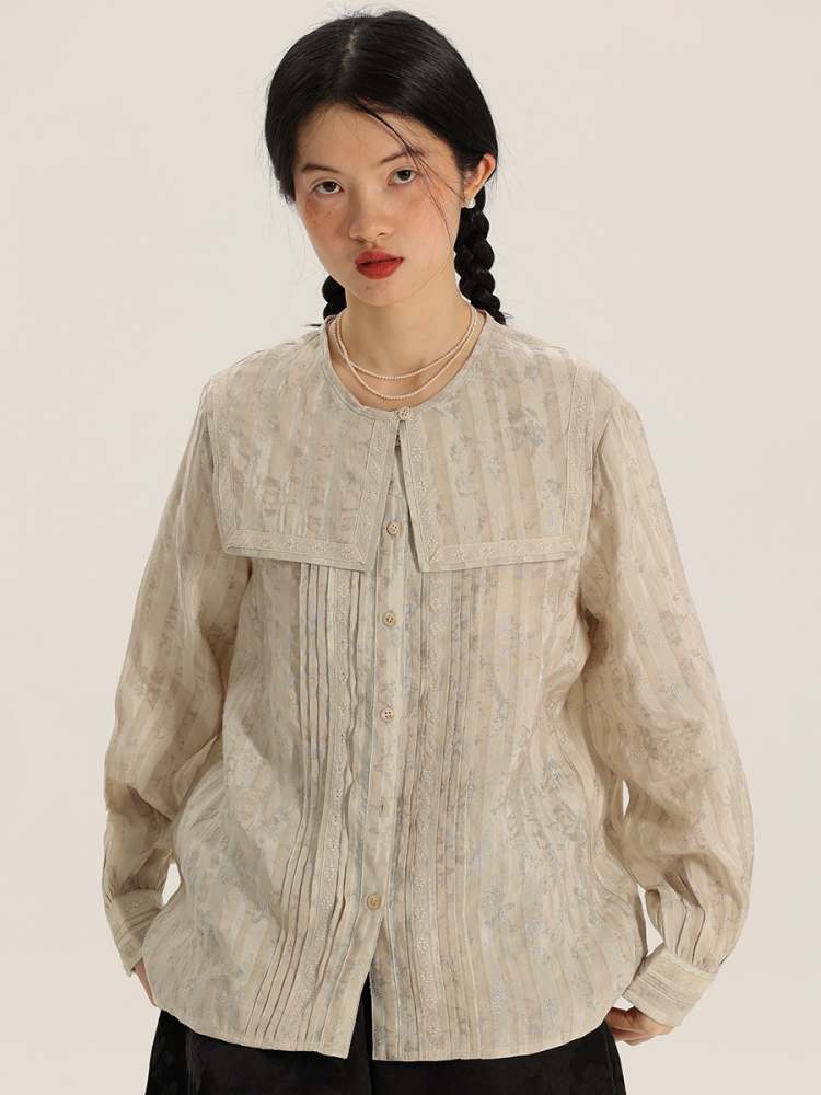 Floral Stripe Jacquard Lace Sailor Color Shirt