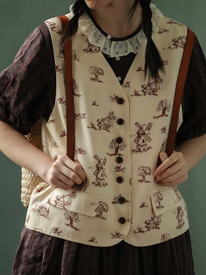 Retro Print V-Neck Vest