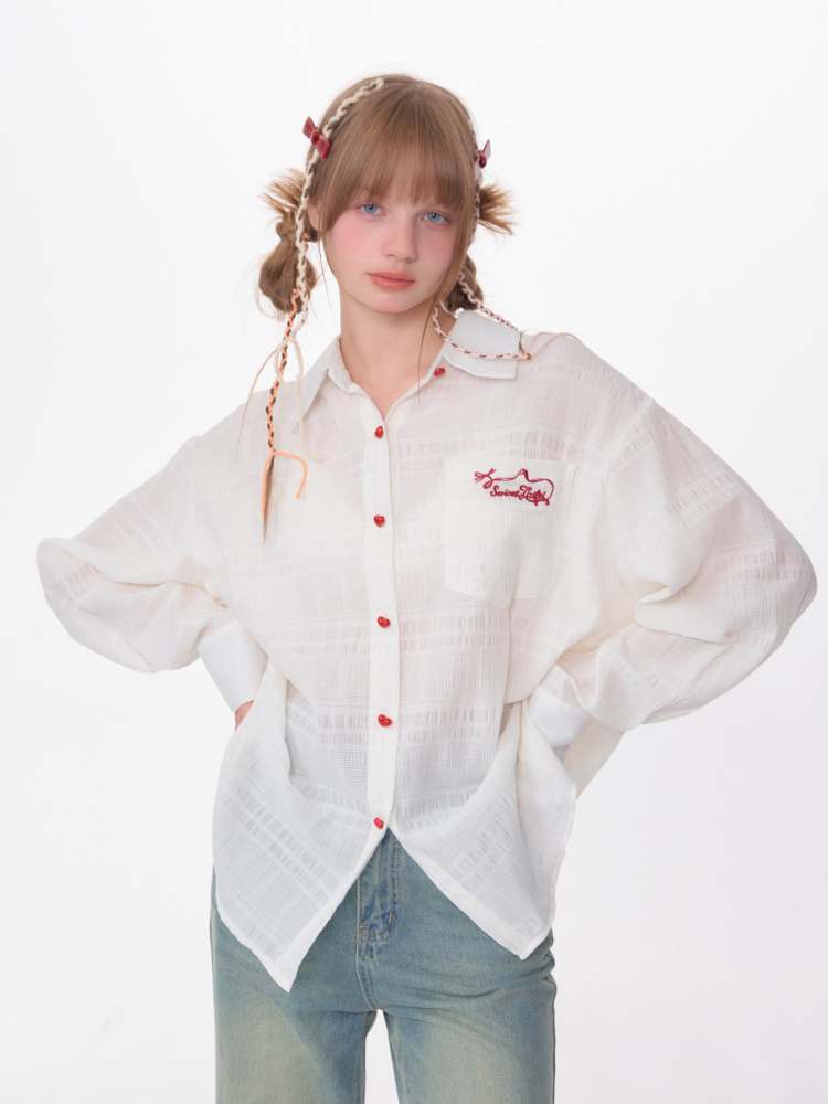 Heart Button Logo Embroidery Semi-Sheer Shirt