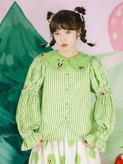 Apple Bug Embroidery Puff Sleeve Shirt