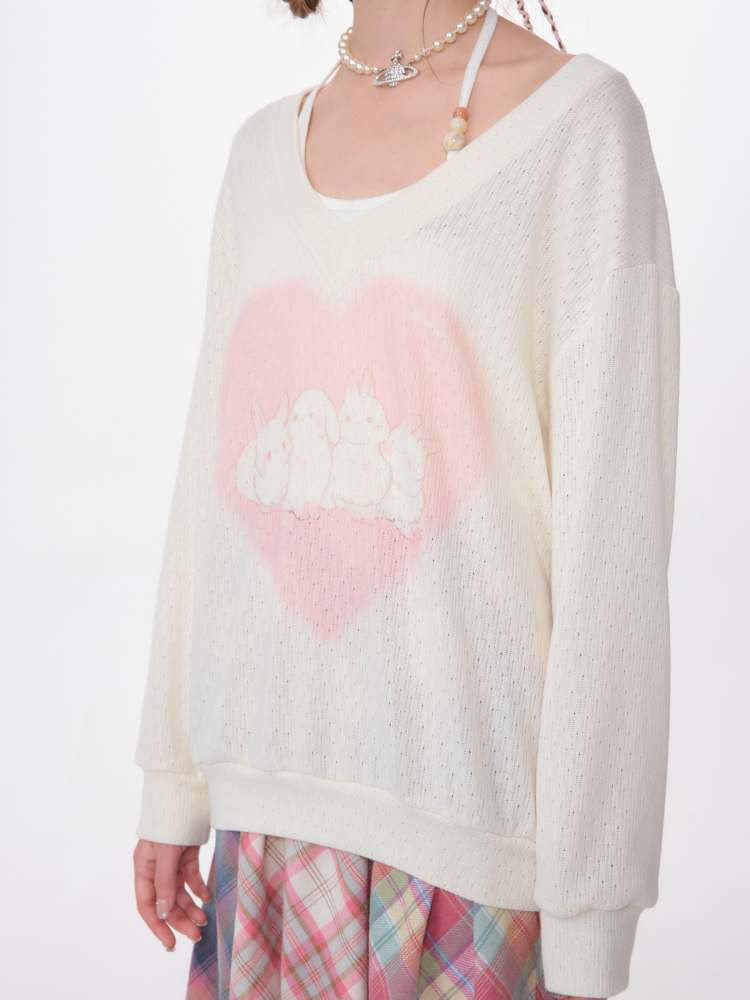 Love Bunny Print V-Neck Knit