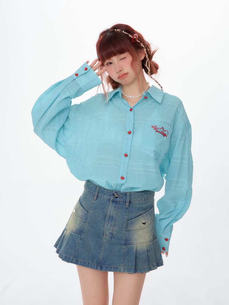 Heart Button Logo Embroidery Semi-Sheer Shirt