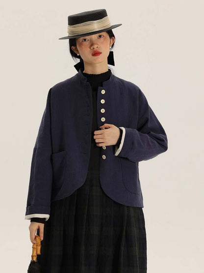 Button Design Stand Collar Linen Loose Jacket