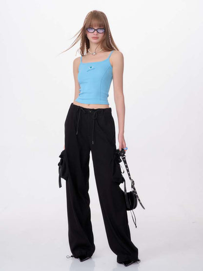 High Waist Ribbon Pocket Wide Leg Pants