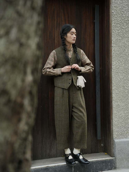 Retro Plaid Mid-Rise Wool Pants