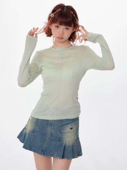 Bow Knot Semi-Sheer Slim Fit Bottoming Shirt