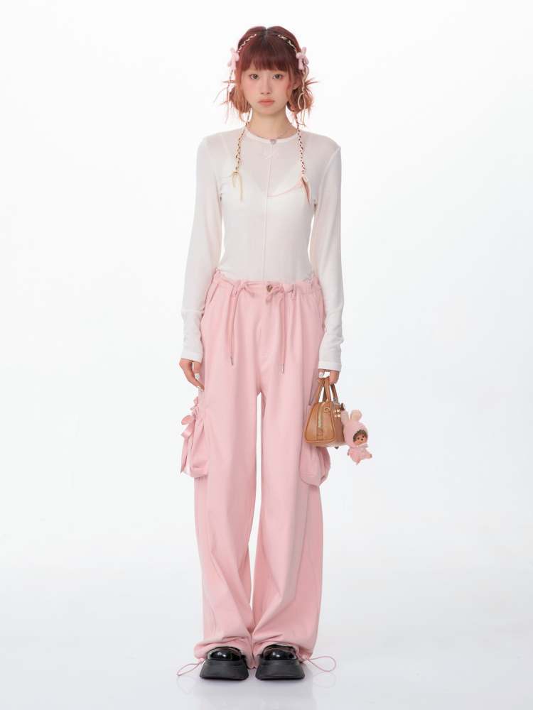 High Waist Ribbon Pocket Wide Leg Pants