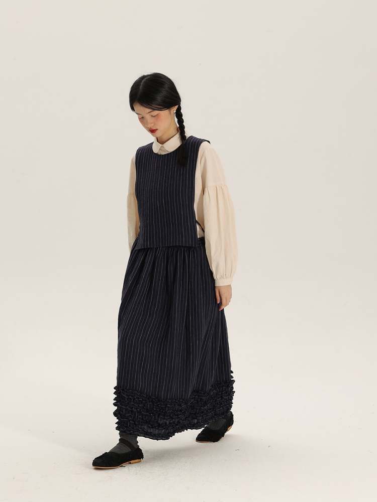 Retro Round Neck Stripe Linen Vest