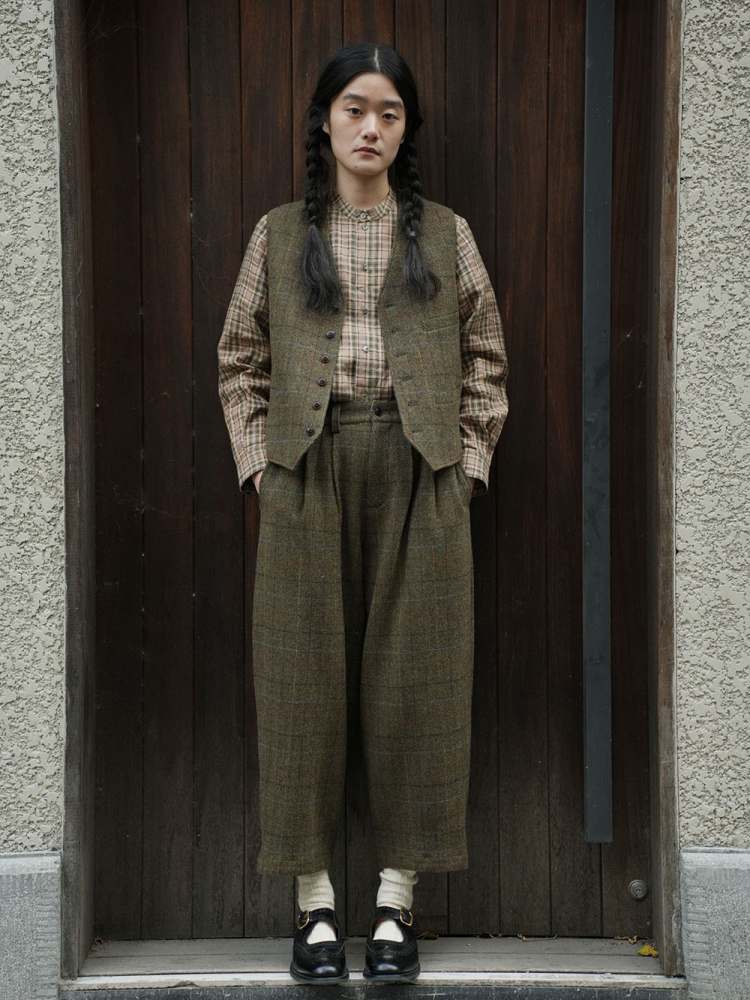 Retro Plaid Mid-Rise Wool Pants